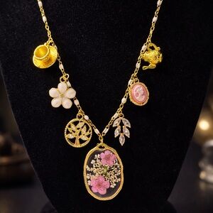 Hand Made, 18k Gold Plated and Pink Charm Necklace